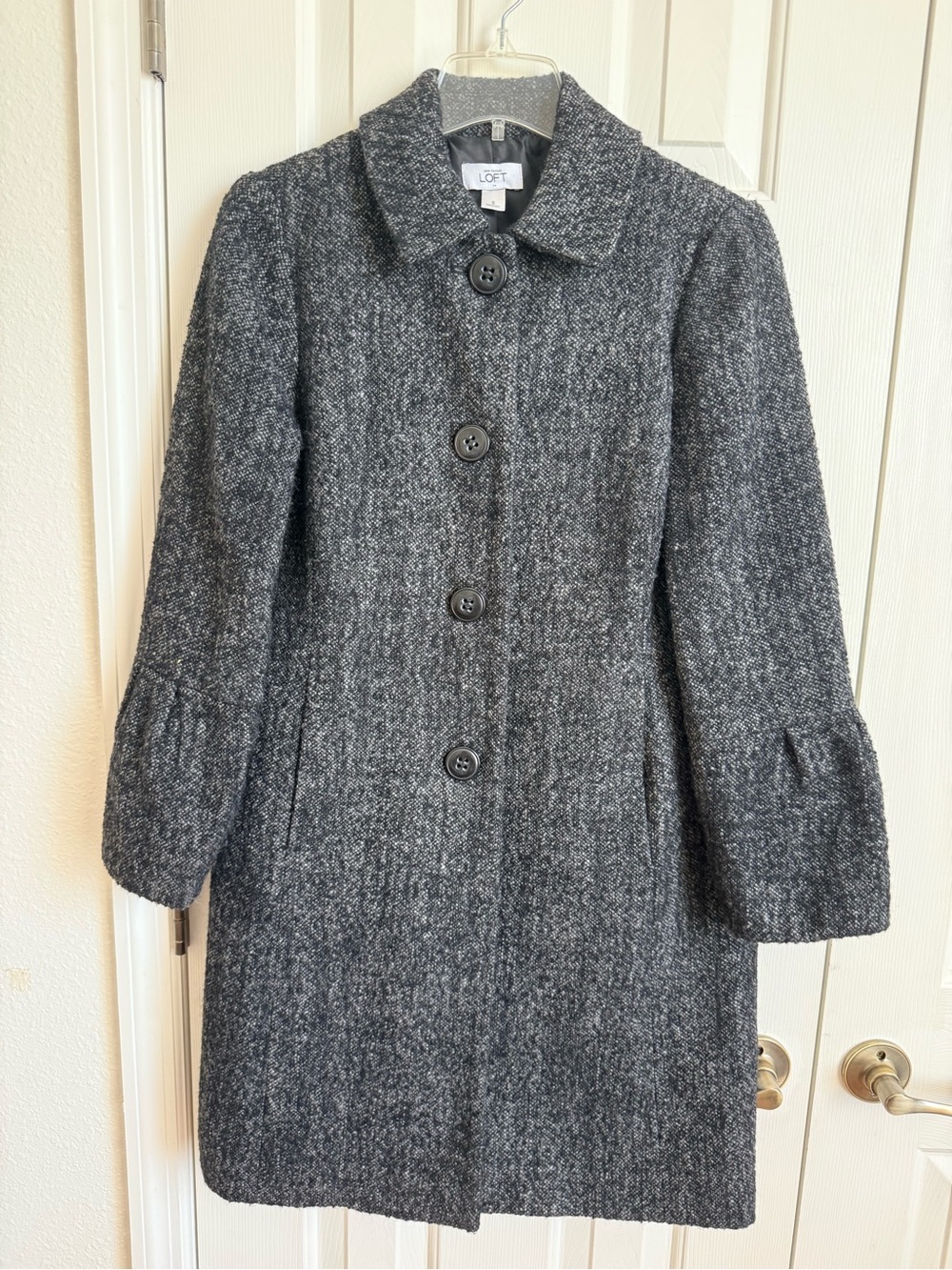 LOFT Charcoal Gray Tweed Pea Coat with Puff Sleeves